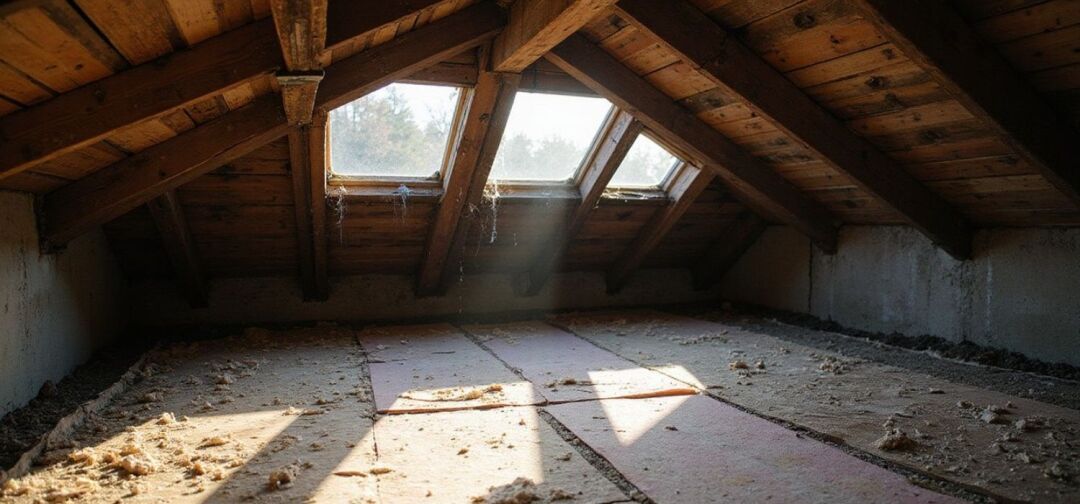 Dusty attic space with exposed wooden beams, minimal insulation, and sunlight coming through small windows, highlighting areas prone to heat loss and air leaks.